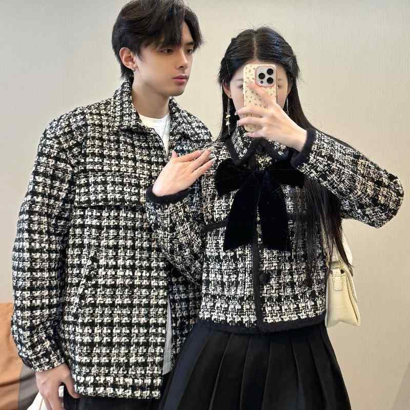 上衣 男女兼用 秋物 透かし彫り柄 粗 tweed 織り ゆったり アウター 好一対 心地よい 表現スタイル