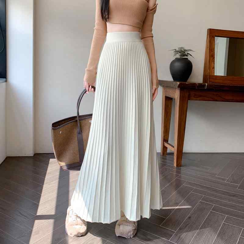 スカート レディース 秋冬 ニット Aラインスカート ミモレ丈 ハイウエスト 無地 切り替え ブラック グレー ピンク系