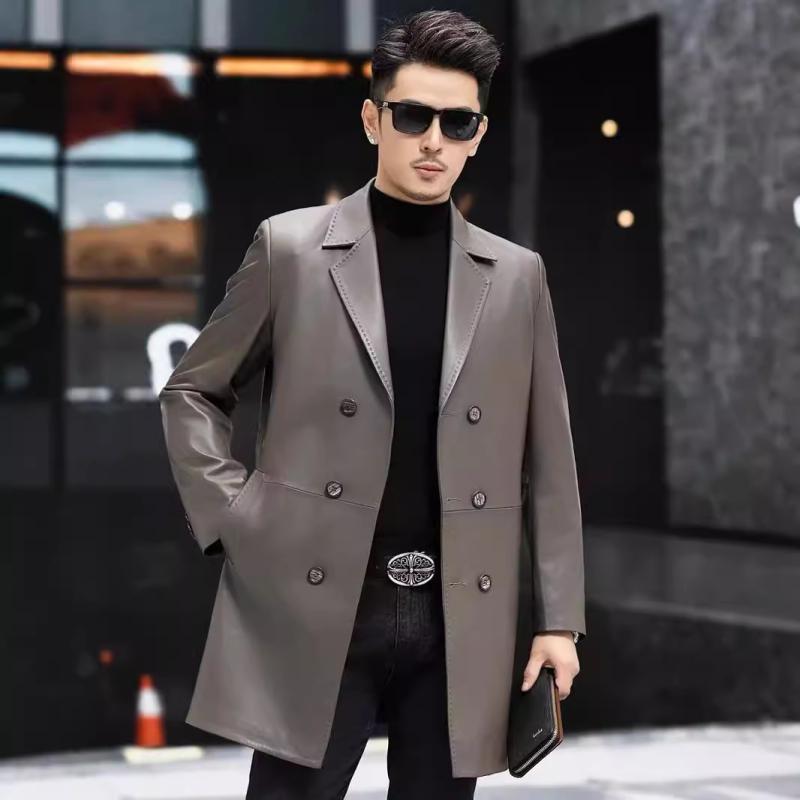 なめし革上衣 メンズ 成人男性用 羊革 本革 テーラード 真っただ中丈 ダブル乳ぶさ ゆったり 酪漿お茶 ベージュ 黒いこと 心地好い コート・ジャケット-メンズファッション