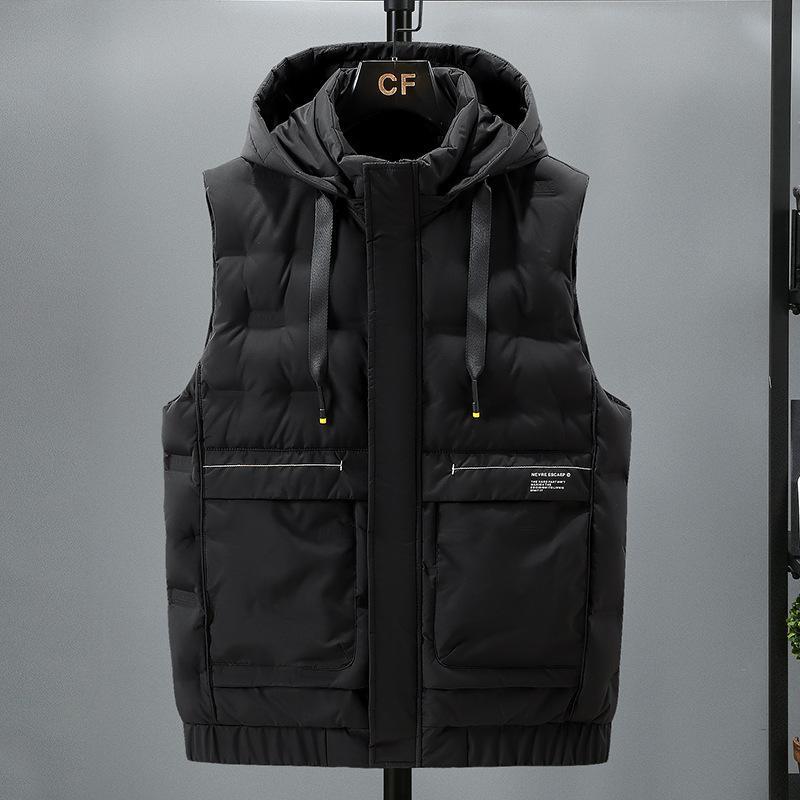美品⭐︎  メンズ フード付きダウンベスト 黒 中綿ベスト メンズ ダウンベスト フード付き 暖かい フェイク