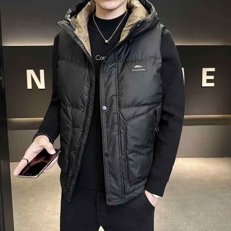 ダウンベスト 男性用 秋冬 暖かい フード付き 防寒着 アウター 合体型 普段使い アウトドア ポリエステル ミルクホワイト グリーン ブラック
