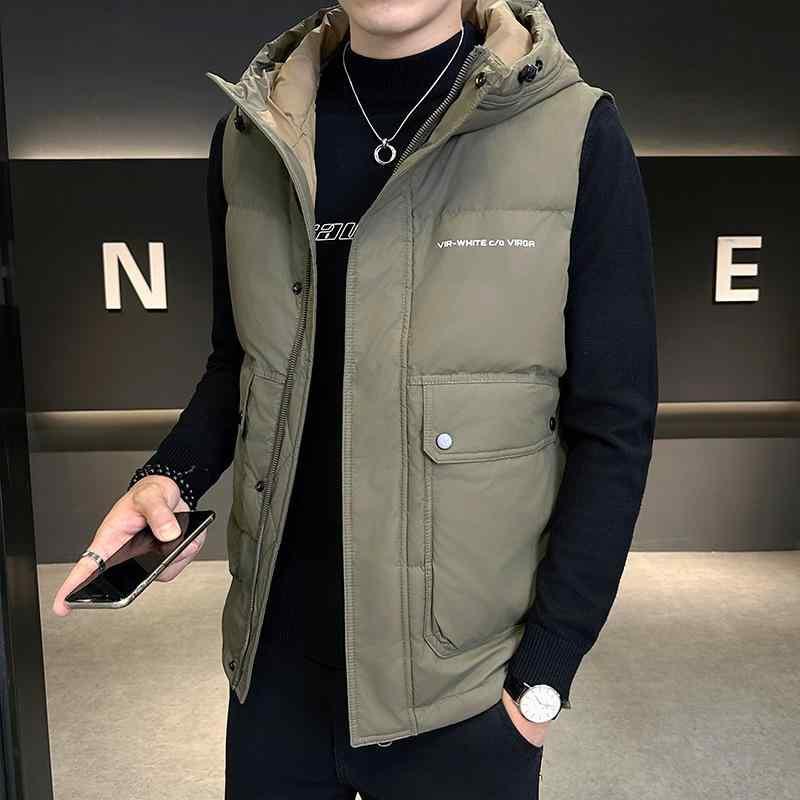 ベスト 男性用 秋冬 ブランド風 高級感 休? 防寒 チョッキ アウター ポリエステル 無地 ?帽 パーカー ?色 黒 白