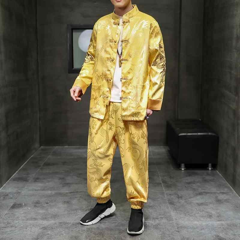 メンズ 心地好い セットアップ 刺しゅう入り口・入口 瀬戸もの風 唐装 成人男性用 上下仕掛ける 綿織物混紡 春物 長袖 上衣 ズボン下 ゆったり 金 黒 スーツ-スーツ・セットアップ