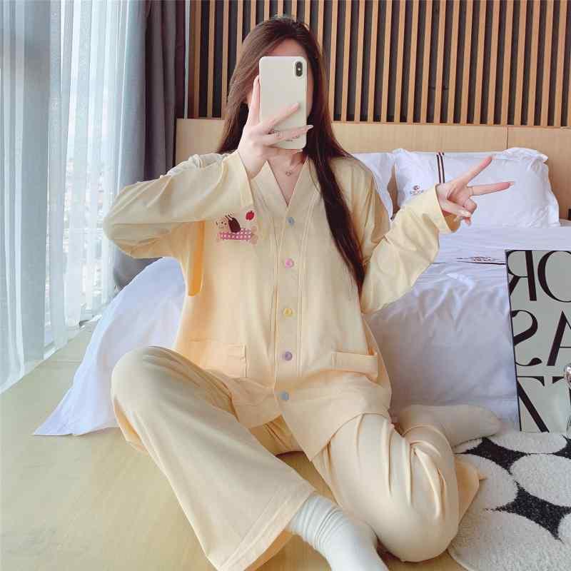 パジャマ レディース マタニティ 春夏 綿 長袖 授乳服 産後 部屋着 ルームウェア 薄手 セットアップ 上下セット 浅黄色 湖水ブルー 西瓜レッド かわいい