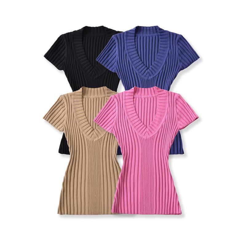 Tシャツ レディース 半袖 Uネック ニット トップス 無地 ポリエステル ストレッチ スリムフィット スウィート ホットガール スタイル ブラック カーキ プルシアンブルー ローズピンク