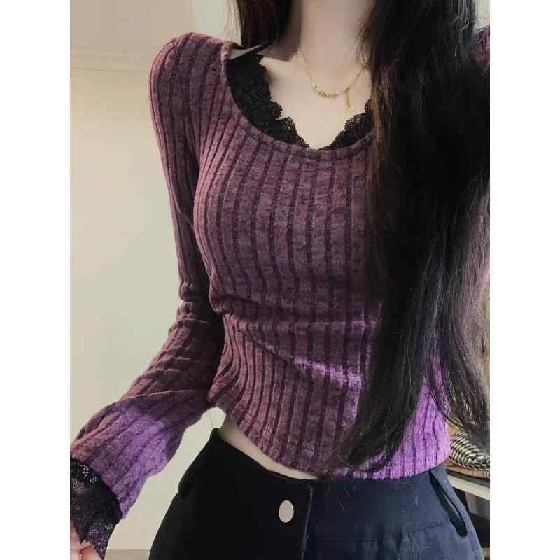 Tシャツ レディース 秋冬 レース 切り替え 無地 ニット トップス 長袖 スリムフィット 細見え ラウンドネック 普段使い 通勤 オフィス ポリエステル 紫色 杏色