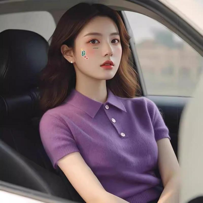 Tシャツ レディース 半袖 POLOネック 無地 パープル ポリエステル 通勤 ゆったり かわいい おしゃれ