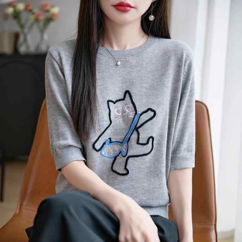 Tシャツ レディース 半袖 薄手 ラウンドネック 猫 刺繍 トップス ポリエステル カットソー プルオーバー ゆったり かわいい おしゃれ ピンク ホワイト パープル グレー ブラック