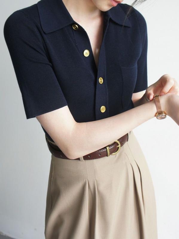 Tシャツ レディース 半袖 接触冷感 ニット トップス POLO襟 無地 切り替え 普段使い 通勤着 接触冷感 伸縮性 蔵青色 黒色 灰色