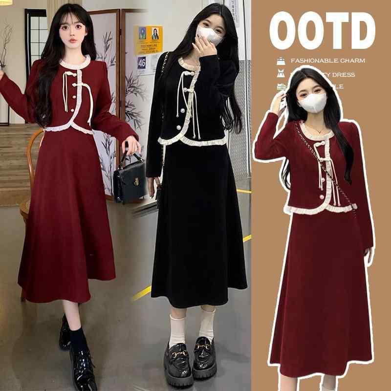 含ませる服 秋冬 衣装 小香風 マタニティ 産後 長袖 中長スコート 黒 M L XL 2XL ドレス-キッズファッション-キッズ・ベビー・マタニティ