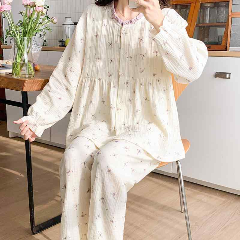 パジャマ レディース マタニティ 春秋 薄手 授乳服 長袖 長ズボン 綿100% 産後 部屋着 ルームウェア 紫 緑
