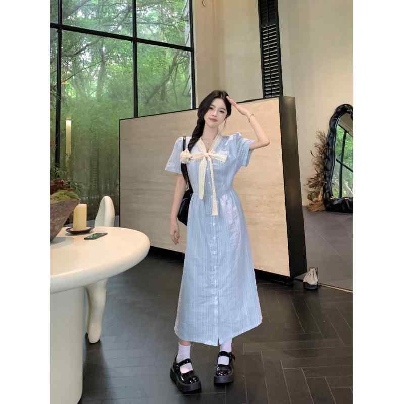 ワンピース レディース 授乳服 春夏 Vネック 半袖 Aライン 膝丈 無地 ブルー ゆったりサイズ 蝶結び付き