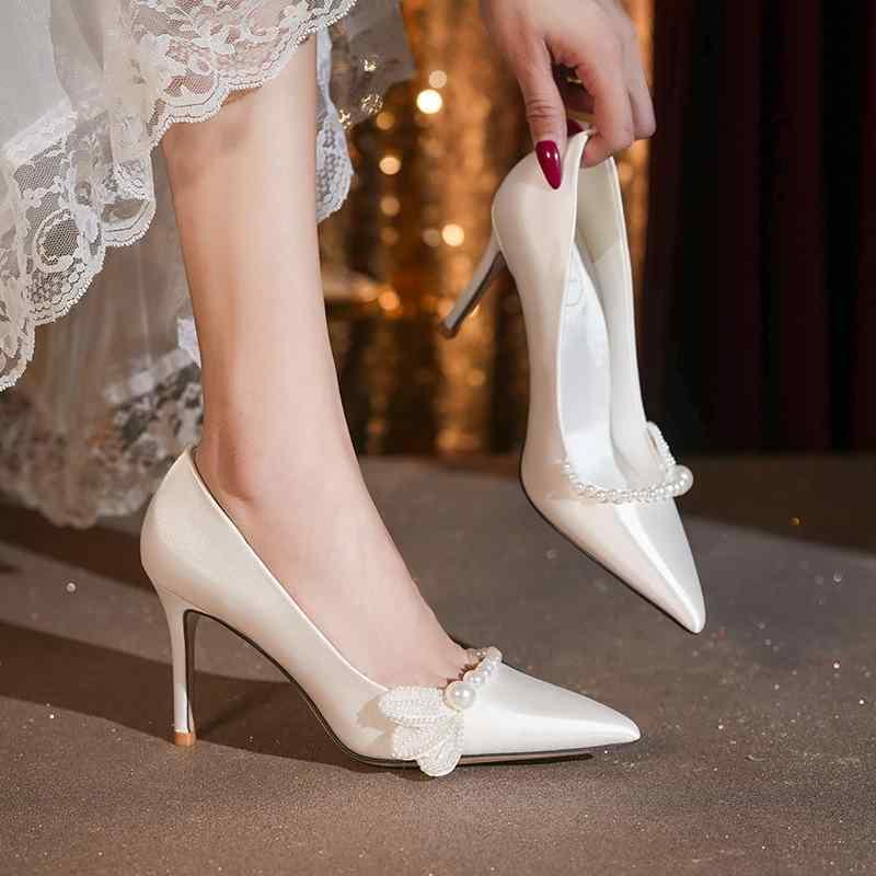 ハイヒール レディース ウェディングシューズ パール 飾り付き ポインテッドトゥ サテン 結婚式 パーティー 二次会 フォーマル 超ハイヒール 白 ホワイト 大きいサイズ