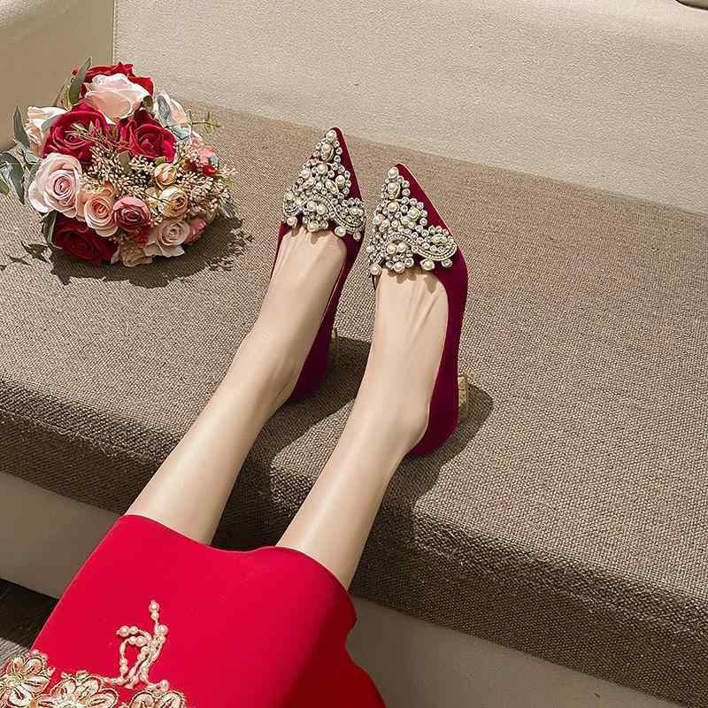 ウェディングシューズ レディース パンプス ローヒール 太ヒール ビーズ ポインテッドトゥ 3cm 30 31 32 33 34 35 36 37 38 39 40 41 42 43 44 45 赤 レッド 春夏秋冬 結婚式 パーティー 普段使い