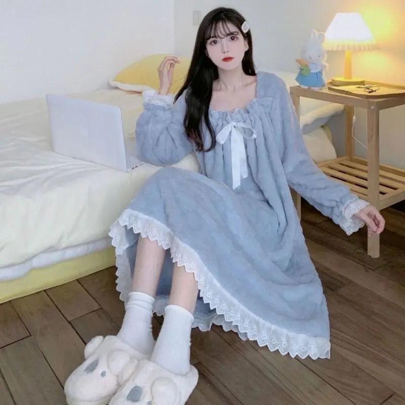 ワンピース レディース 冬 パジャマ 部屋着 ルームウェア 長袖 厚手 フリース 暖か マタニティ 妊婦 ゆったり 大きいサイズ 杏色 ブルー