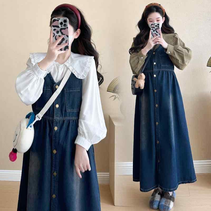 マタニティ 衣裳 セットアップ 歳月 韓国風 レディース 含ませる服 長袖 プルオーバー ジーンズ 前掛けスコート 2点書き割り 妊婦服 産前 産後 ゆったり 愛くるしい 今めかしい 綿織物 ジーンズ