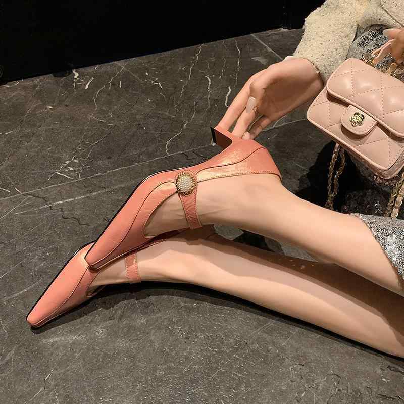 パンプス レディース 牛革 マリージェーン スクエアトゥ パール ビーズ ストラップ チャンキーヒール ハイヒール 6cm 7cm レザー 本革 かわいい おしゃれ 歩きやすい 杏色 ピンク ブラック 春夏 秋冬 デイリーユース
