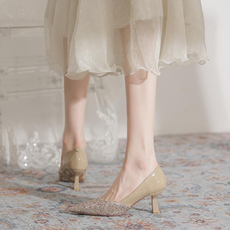 ハイヒール レディース パンプス 杏色 スパンコール ポインテッドトゥ ピンヒール 6cm 7cm 8cm パーティー 結婚式 二次会 フォーマル かわいい おしゃれ