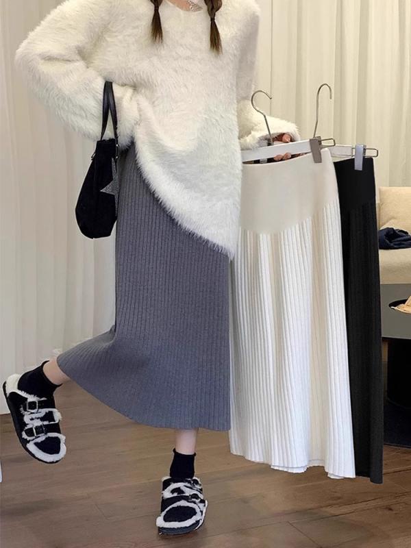 マタニティ スカート 秋冬 ニット Aライン 膝丈 ミモレ丈 大きいサイズ ゆったり 伸縮性 リブ 妊婦服 産前 産後 ブラック グレー