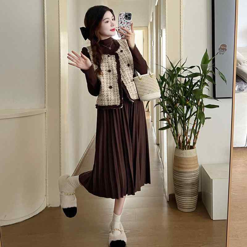 衣裳 レディース 秋冬 チドリ透かし彫り マタニティ 前掛けスコート セットアップ 妊婦服 ゆったり 取り合わせ取りまかなう 膝丈 ミモレ丈 A伝達ルート 長袖 含ませる服 事務室 通い