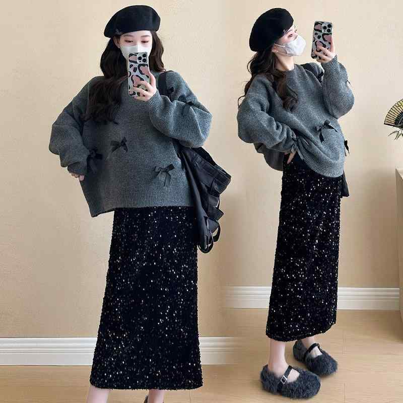 ニット レディース 秋冬 セットアップ 韓国 ファッション かわいい 蝶結び トップス スパンコール スカート 上下セット 普段使い