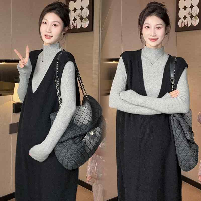 マタニティウェア 秋冬 ニット セットアップ 授乳服 チュニック 長袖 トップス ワンピース 産前 産後 ゆったり 伸縮性 灰色 黒