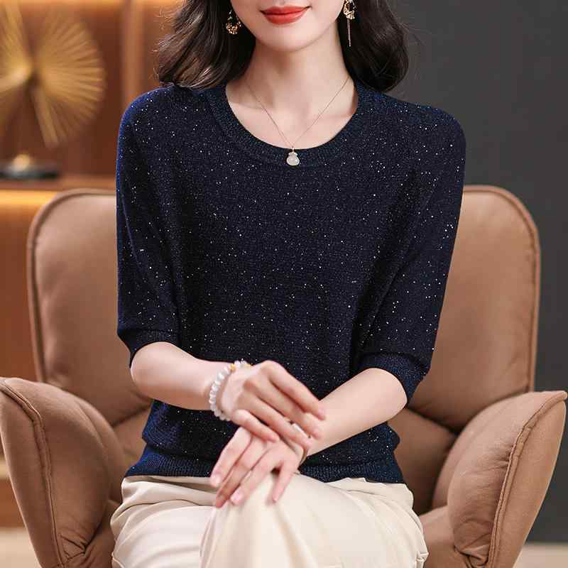 ニット レディース 七分袖 ラウンドネック 粘・屬?? トップス チュニック ゆったり おしゃれ 薄手 通勤 S M L XL XXL XXXL ブラック ネイビー グレー