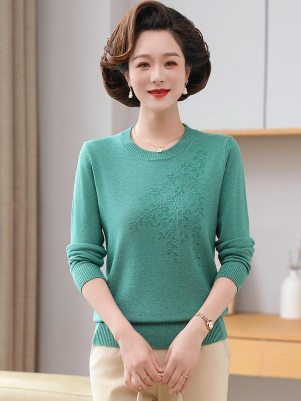 ニット セーター レディース ミセス ラウンドネック 長袖 薄手 プルオーバー トップス 婦人服 シニア リブ 春夏 パープル グリーン レッド ベージュ