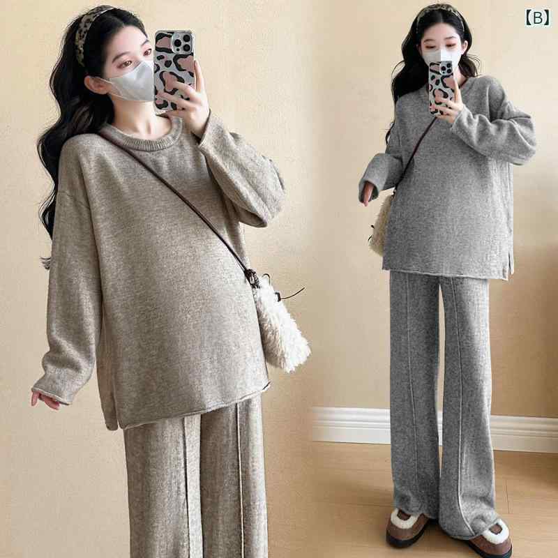 マタニティ ニット セットアップ 秋冬 長袖 パンツ ショール付き 妊婦服 カシミヤ混 授乳服 ゆったり 部屋着 ルームウェア カジュアル カーキ ブラック グレー｜トミーショップ 店
