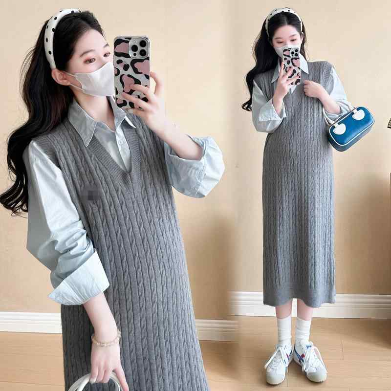マタニティ 衣裳 セットアップ 韓国風 流行り物 含ませる服 綿織物 編み物 より良い プルオーバー 2点書き割り A伝達ルート M L XL 2XL ブル― 白いこと さくら色 黒いこと
