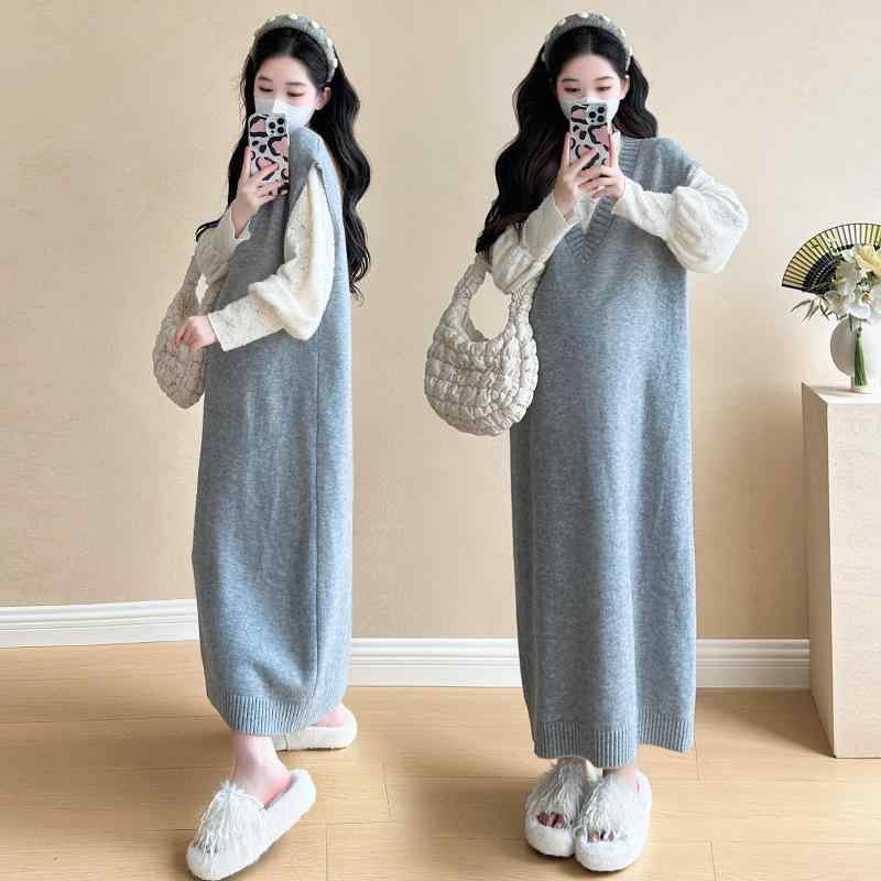 衣裳 レディース マタニティ 御召しもの 秋冬 含ませる服 セットアップ スピード競技 トップス Vのど首 編み物 より良い MIDI丈衣裳 長袖 混紡 ゆったり 普段使い