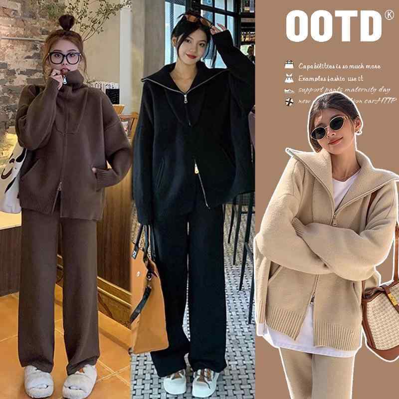 マタニティ ニット セットアップ 授乳服 長袖 パンツ ゆったり 妊婦服 秋冬 部屋着 ルームウェア 伸縮性 コットン 杏色 ブルー イエロー パープル ブラック ブラウン