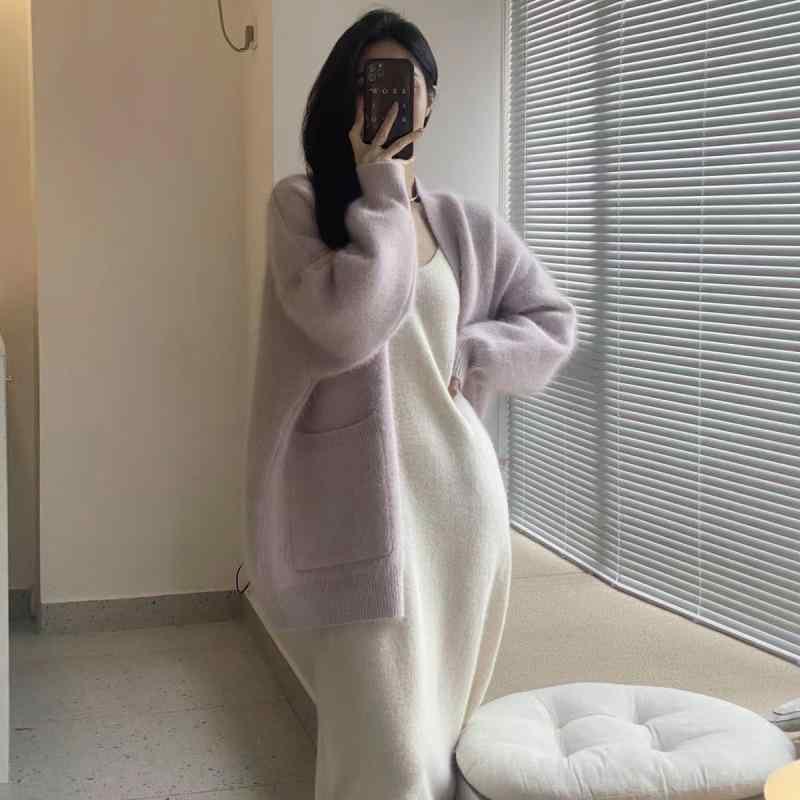 マタニティ ニット カーディガン 秋冬 妊婦 トップス ゆったり チュニック 9分袖 ハイネック 無地 あったか 暖かい 冷え対策 パープル 紫色 杏色