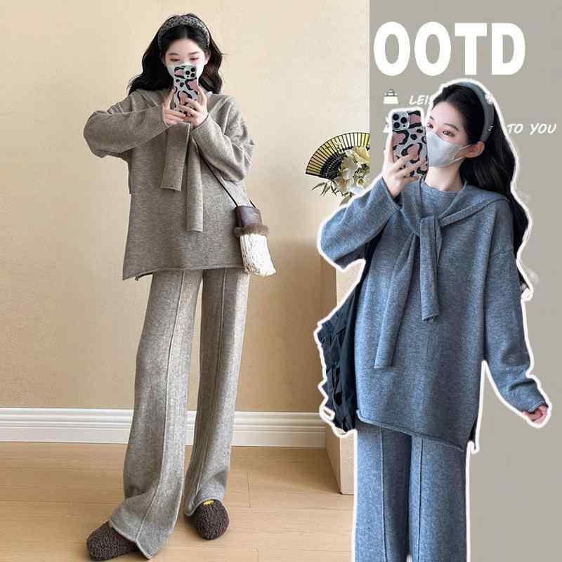 マタニティ ニット セットアップ 秋冬 長袖 セーター ワイドパンツ ショール 3点セット 妊婦服 授乳服 ゆったり 部屋着 韓国ファッション グレー ブラック オートミール