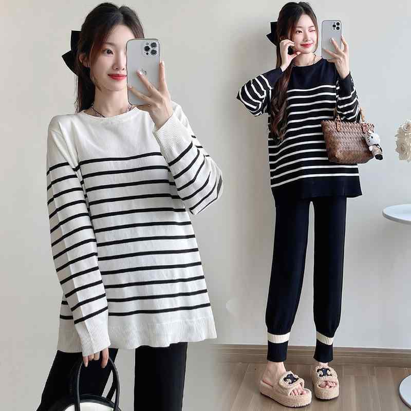 マタニティ セットアップ 秋冬 長袖ニット ストライプ トップス パンツ 2点 上下 妊婦服 産前 産後 ゆったり 部屋着 ルームウェア
