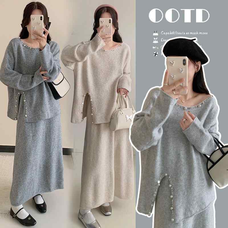 ニット レディース マタニティ ニットアップ セットアップ 秋冬 長袖 セーター スカート ゆったり 妊婦服 産前 産後 授乳服 チュニック 部屋着 普段使い トップス ボトムス グレー