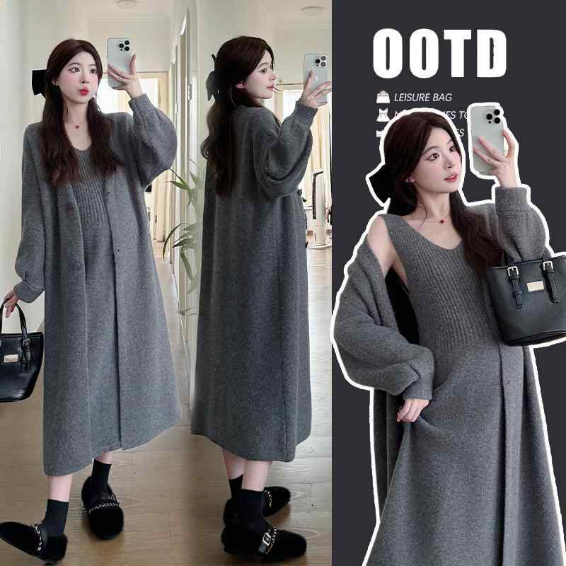 マタニティ 編み物 衣裳 セットアップ 秋冬 妊婦服 長袖 綿織物 ゆったり 表着 ロング丈 M L XL 2XL 薄墨色 杏色 黒いこと