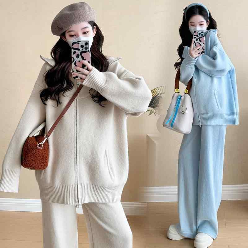 マタニティ ニット セットアップ 妊婦服 秋冬 長袖 トップス パンツ 授乳服 産前 産後 ゆったり リブ 無地 かわいい 伸縮性 韓国風 ファッション 杏色 ブルー イエロー パープル ブラック