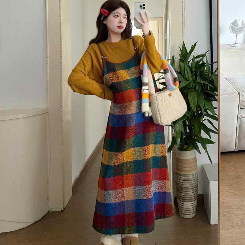 マタニティ セットアップ 秋冬 ニット トップス ゆったり チェック柄 キャミソールワンピース 授乳服 妊婦服 杏色 黄色 綿 ポリエステル