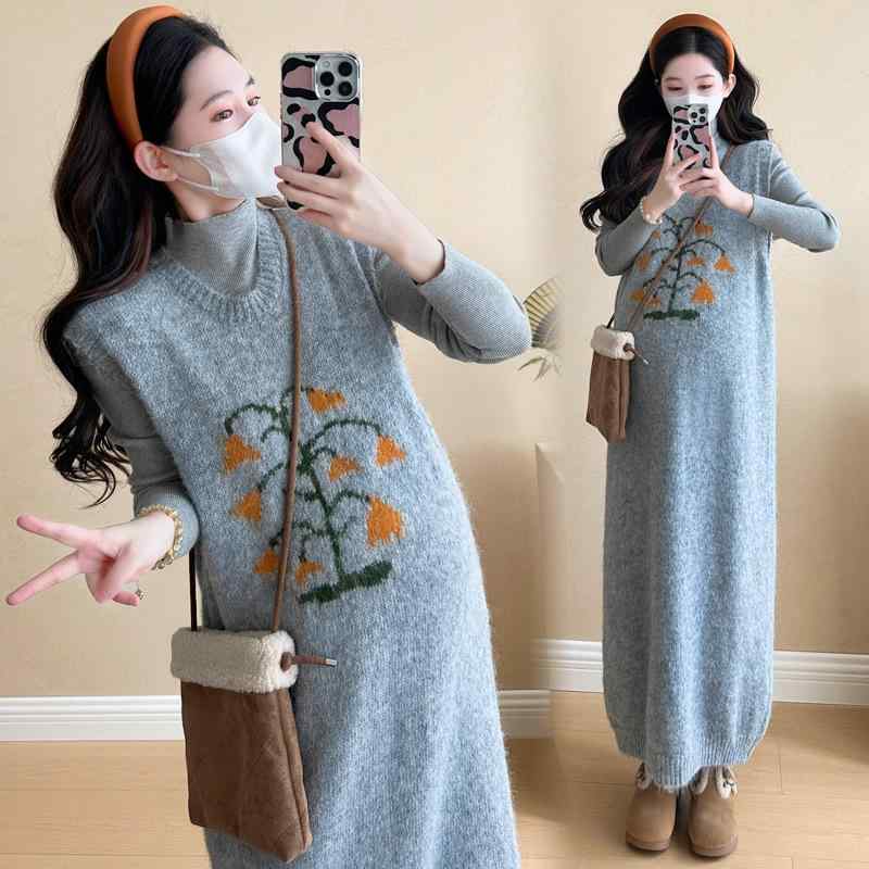 マタニティ 編み物 セットアップ 秋冬 妊婦服 前掛けスコート 長袖 トップス 膝丈 無地 あったか 愛くるしい 薄墨色 青碧