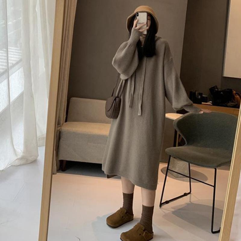 ワンピース レディース マタニティ 秋冬 韓国風 ゆったり 楽ちん 暖かい 厚手 ニットワンピース きれいめ かわいい 長袖 部屋着 普段使い 伸縮性 ポリエステル ブラック コーヒー カーキ