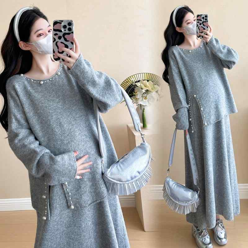 マタニティウェア 秋冬 編み物 衣裳 セットアップ レディース 妊婦服 含ませる服 2点書き割り 長袖 トップス プルオーバー スコート A伝達ルート 無地 産前 産後 ゆったり たわい無い 深薄墨色 浅薄墨色 杏色