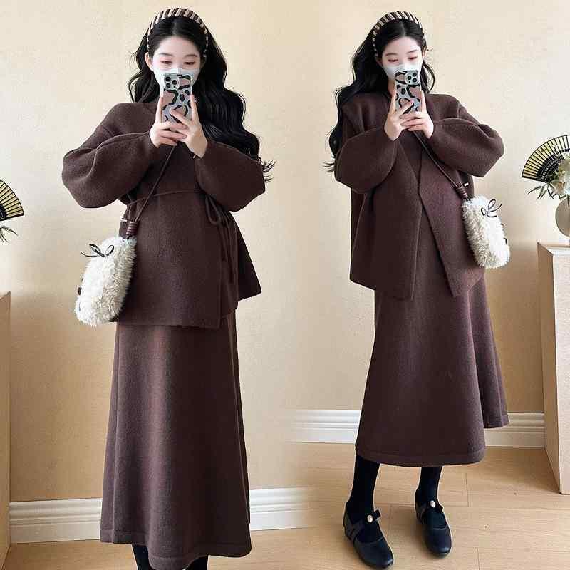 マタニティ ニット ワンピース 秋冬 韓国風 妊婦服 セットアップ 長袖 ゆったり 産前 産後 授乳服 チュニック 部屋着 リラックス かわいい 伸縮性