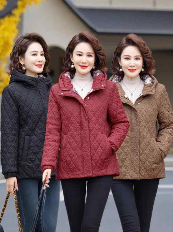 綿入りジャケット レディース 中老年女性用 アウター フード付き ゆったり ポリエステル ワインレッド コーヒー色 ブラック 厚手 冬
