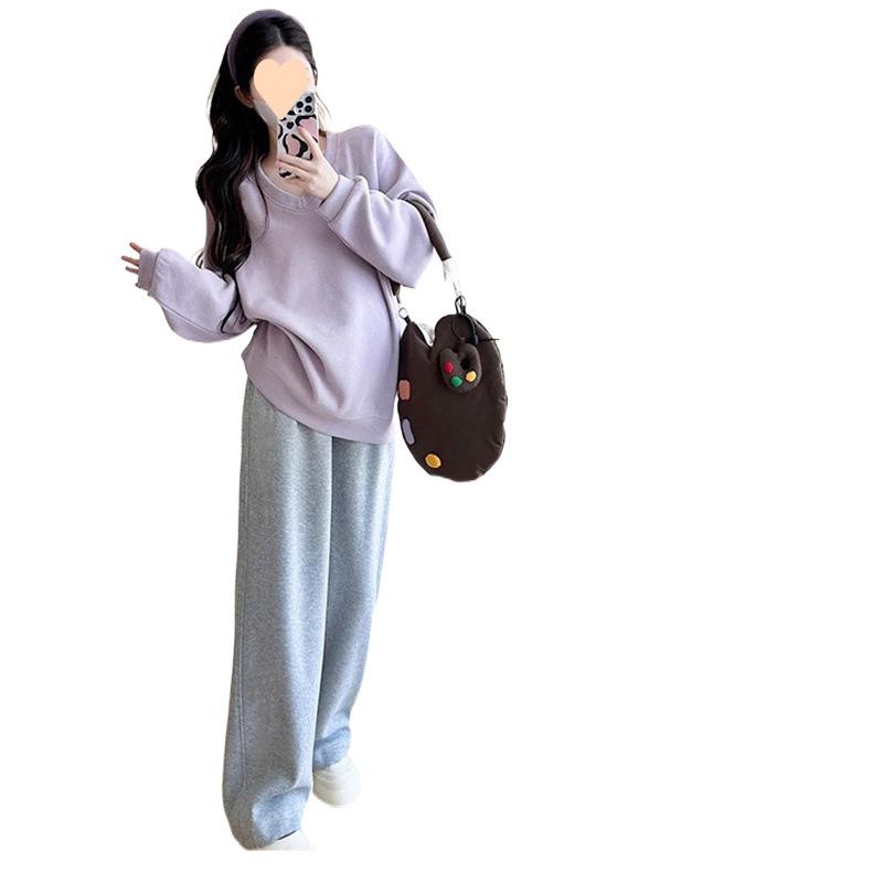 マタニティウェア 秋冬 セットアップ 授乳服 長袖 トレーナー ズボン 大きいサイズ ゆったり 体型カバー Vネック トップス パンツ 2点セット グレー ホワイト パープル 部屋着 リラックス 普段使い