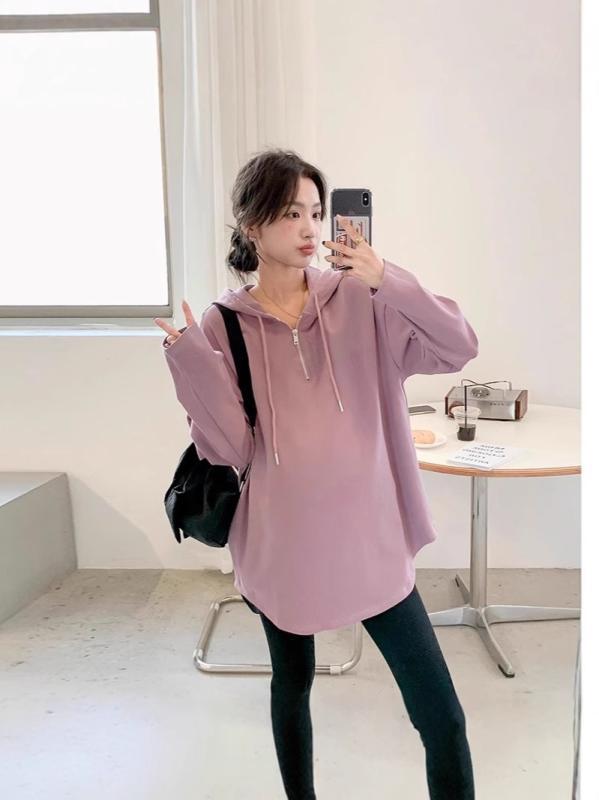 マタニティウェア 春秋 長袖 Tシャツ パーカー チュニック 妊婦服 ゆったり パープル 紫 M L XL XXL