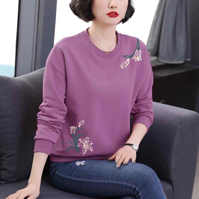 Tシャツ レディース 長袖 大きいサイズ 刺繍 クルーネック プルオーバー トップス 秋冬 新着 普段使い コットン ゆったり 婦人服 刺しゅう 花柄 撞色 パープル ブルー