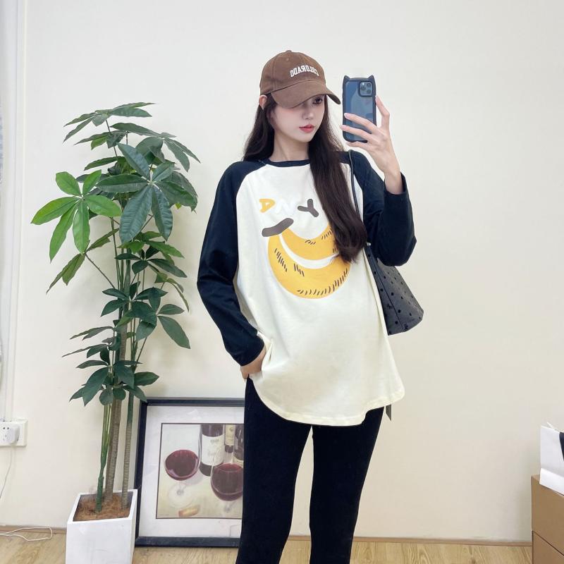 Tシャツ 妊婦 レディース マタニティウェア 長袖 春秋 ゆったり 大きめサイズ ラウンドネック フルーツ柄 プリント 韓国風 かわいい 部屋着 普段使い