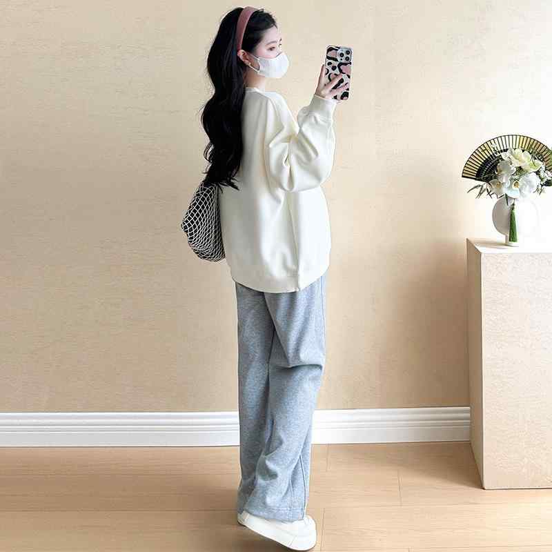マタニティ スウェット レディース 秋冬 ラウンドネック プルオーバー 小柄 ゆったり 長袖 トップス パンツ 上下セット 綿混 快適 部屋着 普段使い 杏色 グレー