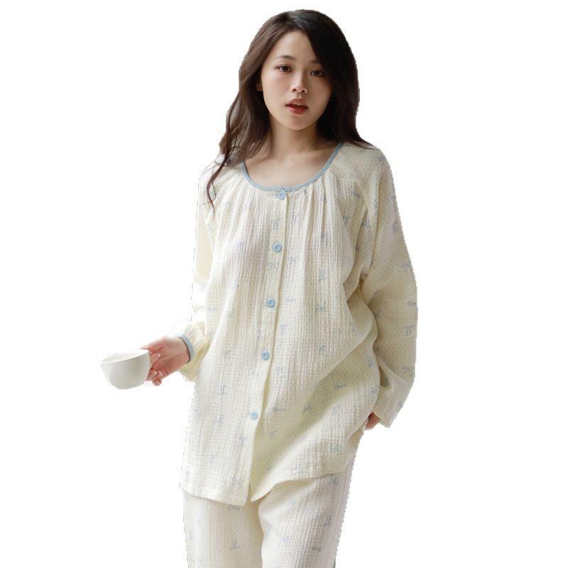 マタニティウェア 授乳服 春夏 パジャマ ガーゼ 綿100% 前開き 産後 入院準備 授乳しやすい かわいい 長袖 長ズボン ルームウェア L XL XXL